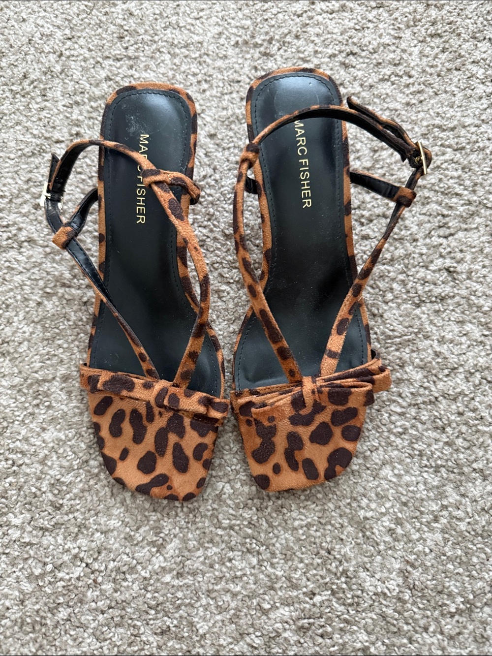 Marc Fisher Leopard Print Strappy Heels in Brown and Black